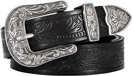 SANSTHS Western Belt For Women, Womens Cowboy Belt For Pants Jeans With Vintage Floral Carved Design
