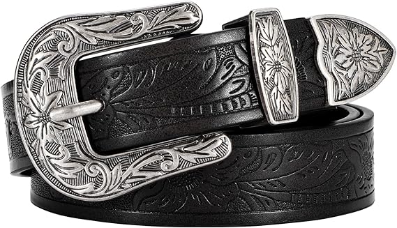SANSTHS Western Belt For Women, Womens Cowboy Belt For Pants Jeans With Vintage Floral Carved Design