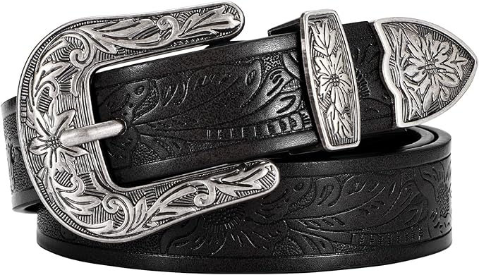 SANSTHS Western Belt For Women, Womens Cowboy Belt For Pants Jeans With Vintage Floral Carved Design