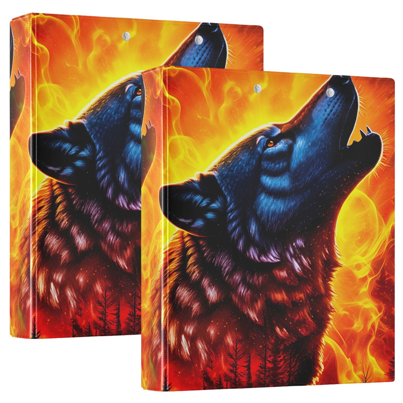Simpatico raccoglitore a tre anelli da 3,8 cm, 3 anelli con 3 tasche interne, per scuola, ufficio, casa, colore arancione con lupo, confezione da 2
