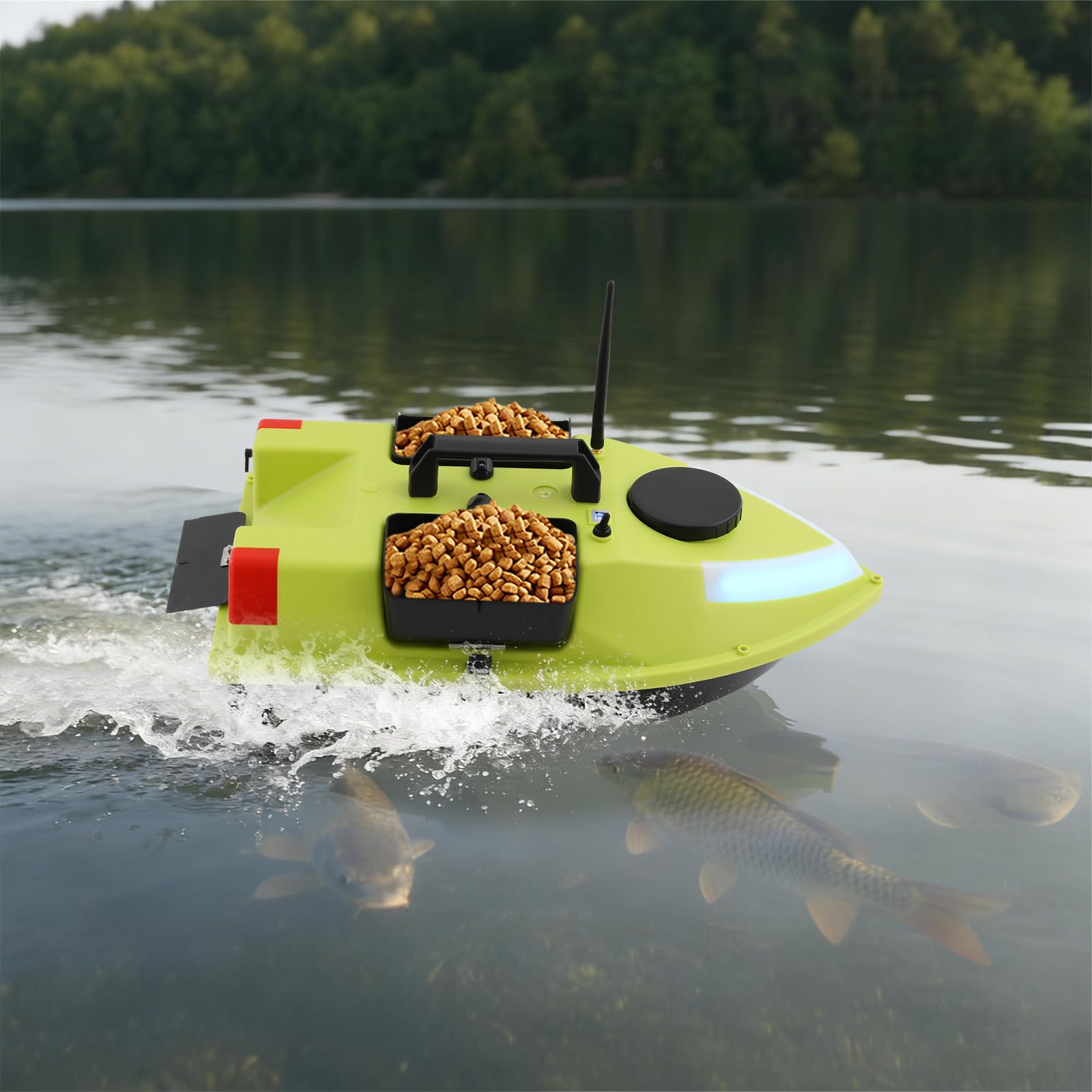 600M Angeln KöderBoot Mit LED-Leuchten, GPS Angelköder Boot, Fernbedienung Futterboot, Verstellbare Farbe, Nachtlicht Positionierung, ABS Fischköder-Boot,Dual 390 Motoren, 2 5200mAh Batterien