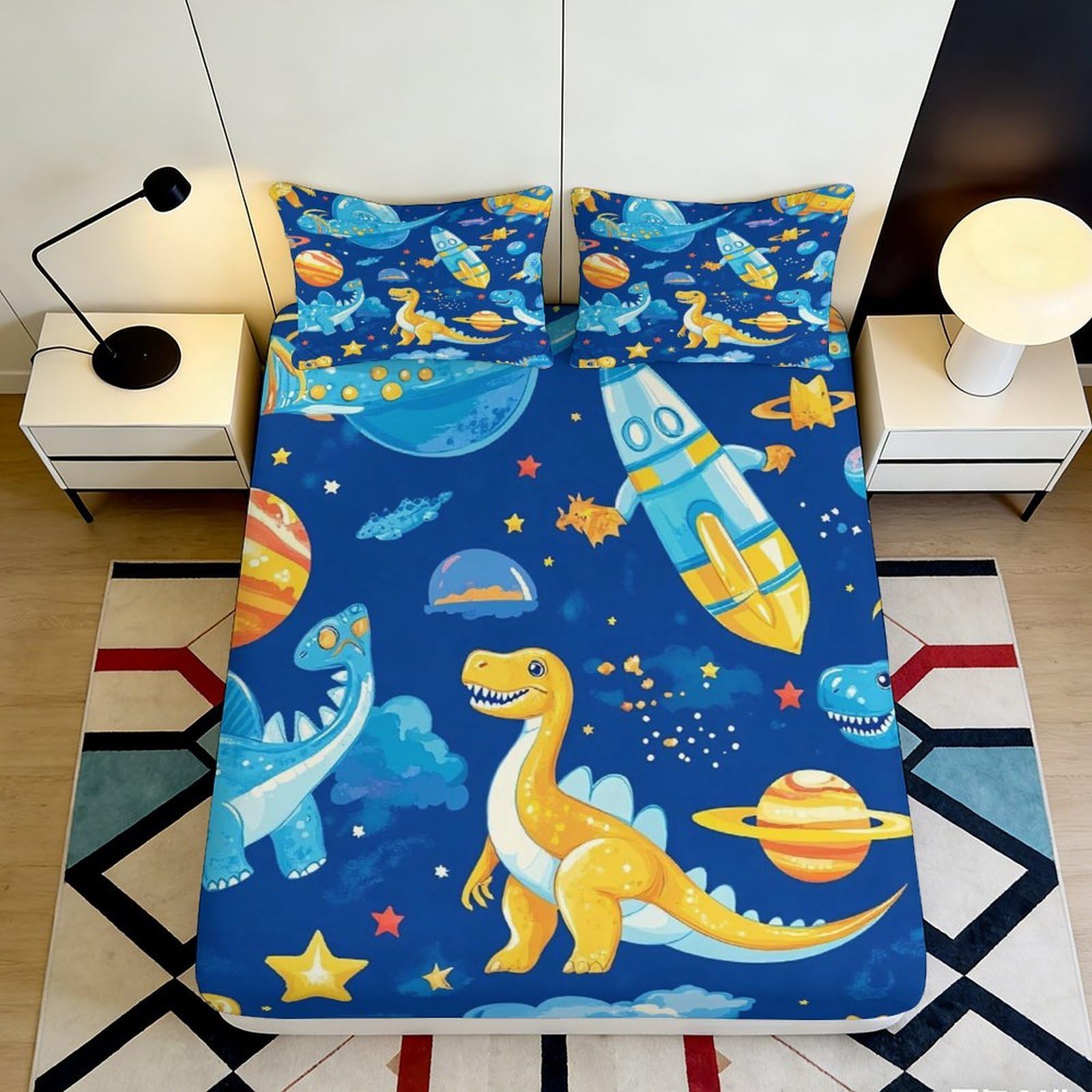 3D Printed Dinosaur Space Fitted Sheet Microfiber Soft Breathable Rocket Planet Bed Cover for Bedroom Dorm Mattress Decor 90x200x25cm