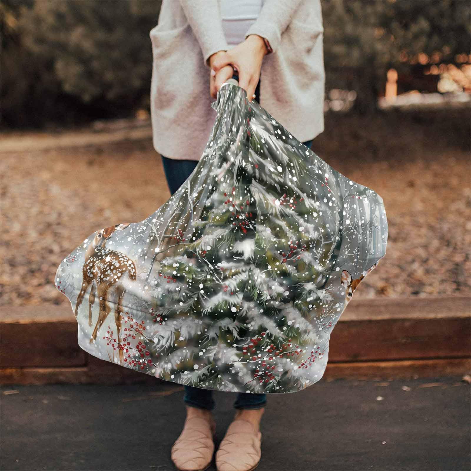 Nursing Cover for Breastfeeding Scarf, Winter Illustration Pine Forest Deer Falling Snow Baby Car Covers Super Soft Multi Use for Canopy Shopping Cart Cover Blanket Stroller Cover