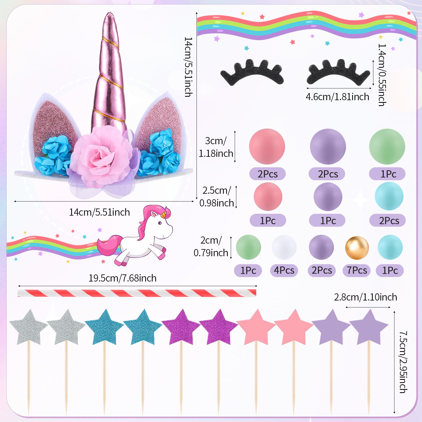 Einhorn-Kuchenaufsatz Set | Mit Blumen, Ohren, Sternen & Kugeln | Handgefertigt & Glitzernd | Für Geburtstag & Party