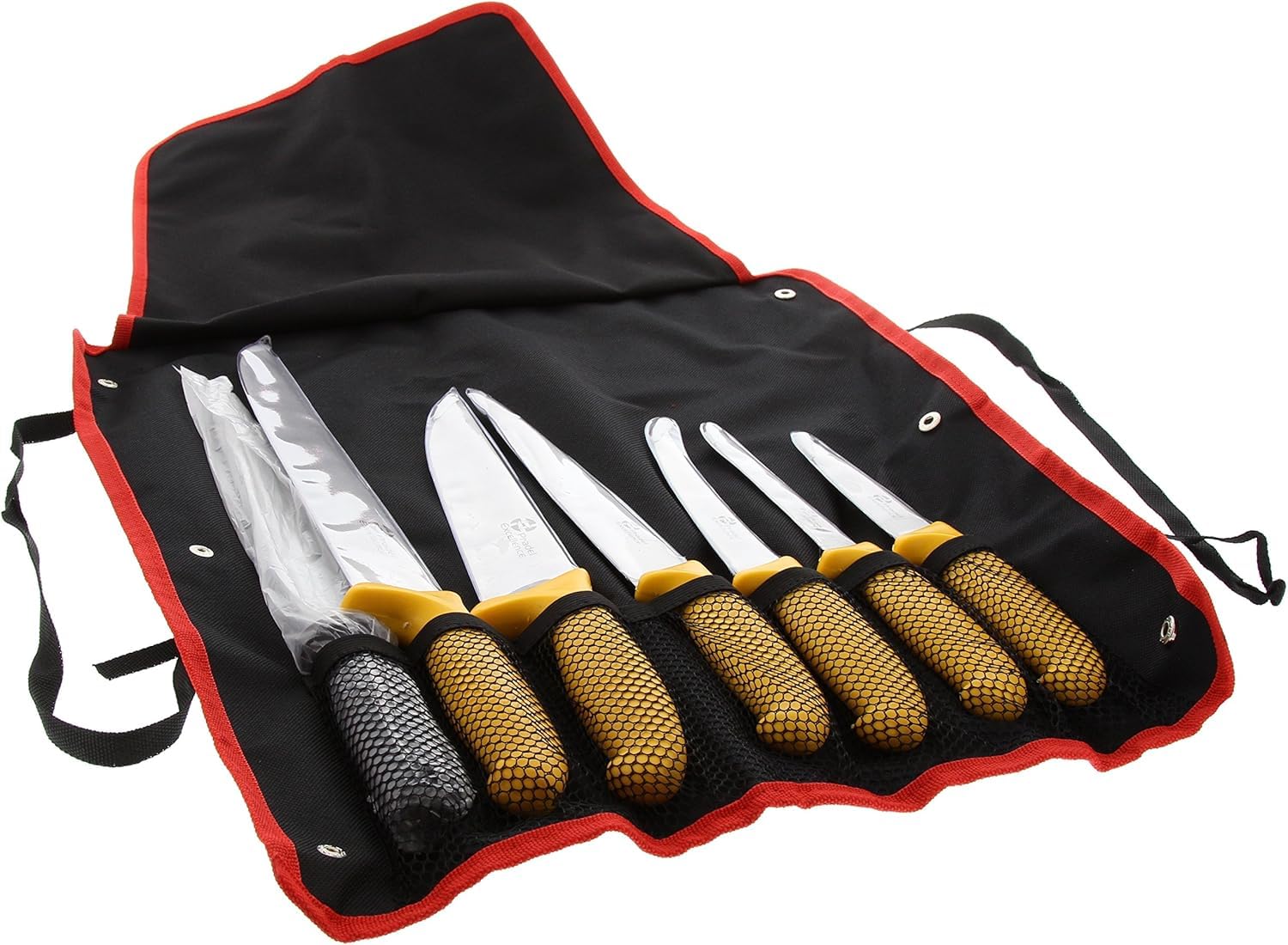 Pradel Excellence - PCOT005008 - Sac Couteaux de Boucher 7 Pièces - 6 Couteaux + 1 Fusil d’Affûtage - Lames Inox- Compatibles Lave-Vaisselle - Sac de Rangement Convertible en Tablier