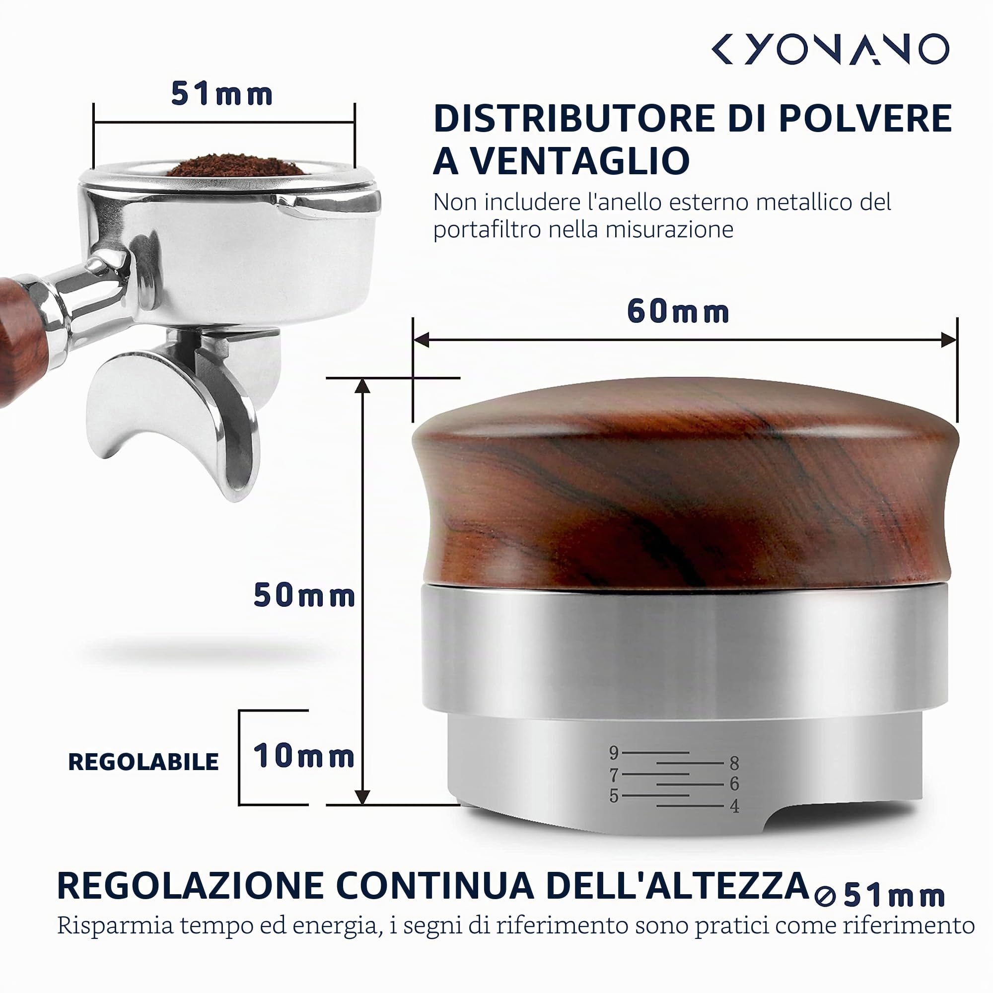 KYONANO Distributore caffè 51 mm, strumento di compensazione espresso, distribuisce uniformemente la polvere di caffè sul tamper, strumento barista, realizzato in legno Huanghua, altezza regolabile da