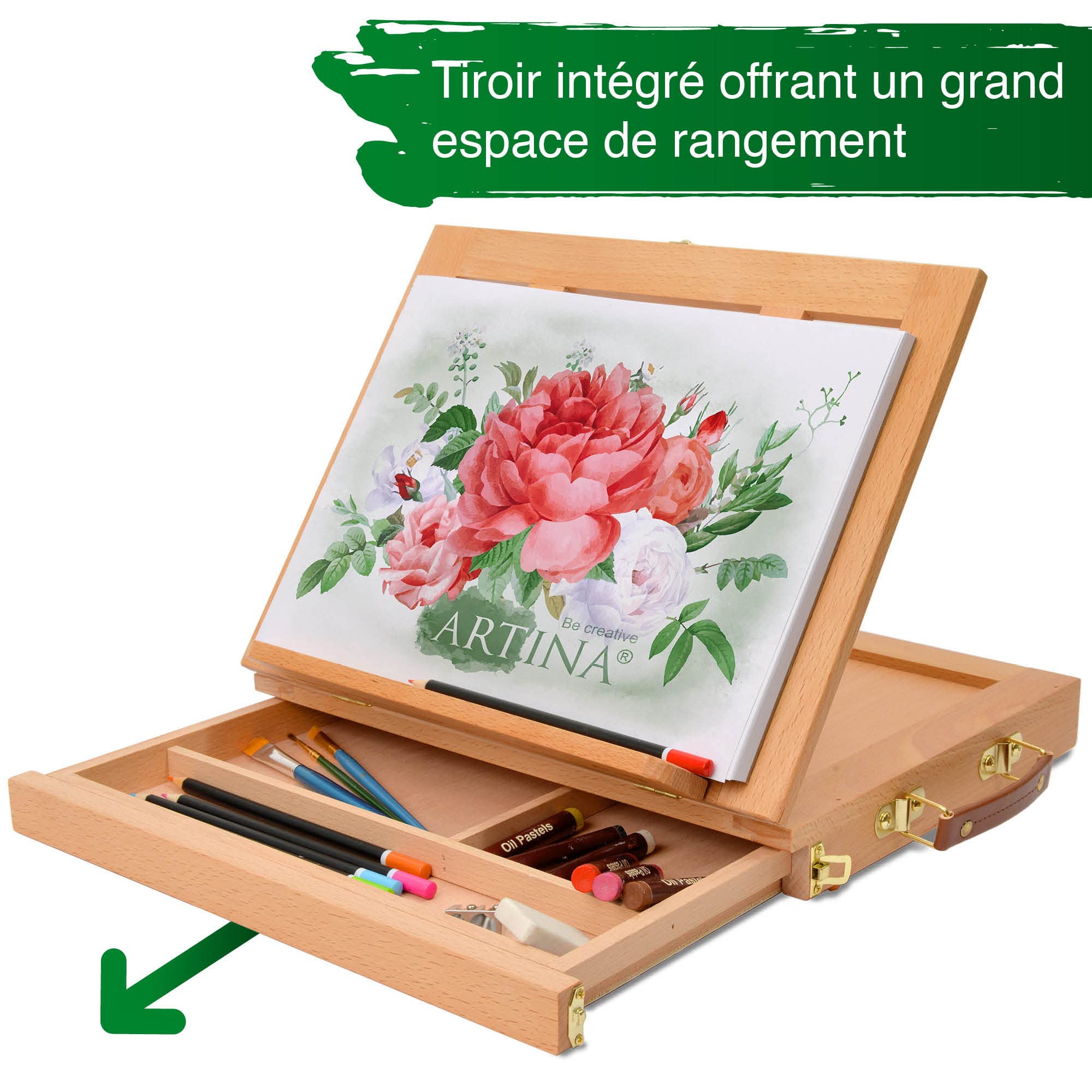 Artina mallette chevalet boîte planche à dessin avec tiroir rangement table | 33,5x26x27cm des accessoires et fournitures avec Malette Compartiments peinture artiste antidérapant peindre dessiner Colmar