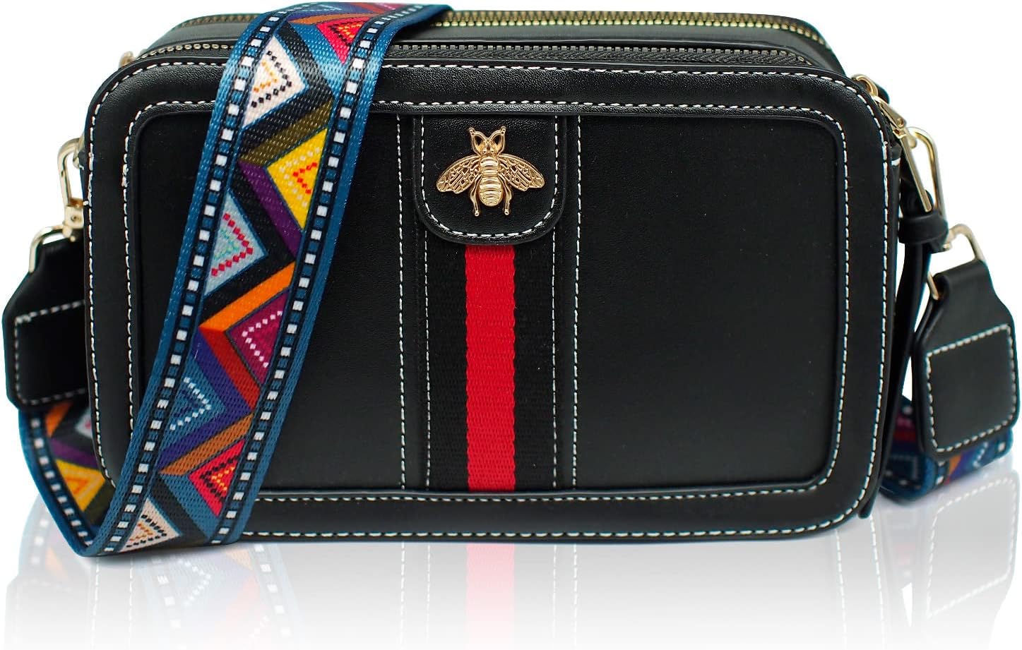 Designer Crossbody Bag Bee Shoulder Purse for Women Trendy Wide Strap Camera Clutch PU Leather Handbag