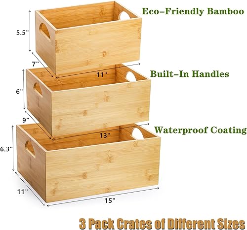 Miniatura 2 de DEAYOU Paquete de 3 contenedores de almacenamiento de bambú, caja de almacenamiento de bambú, organizador de anidación natural, contenedor apilable