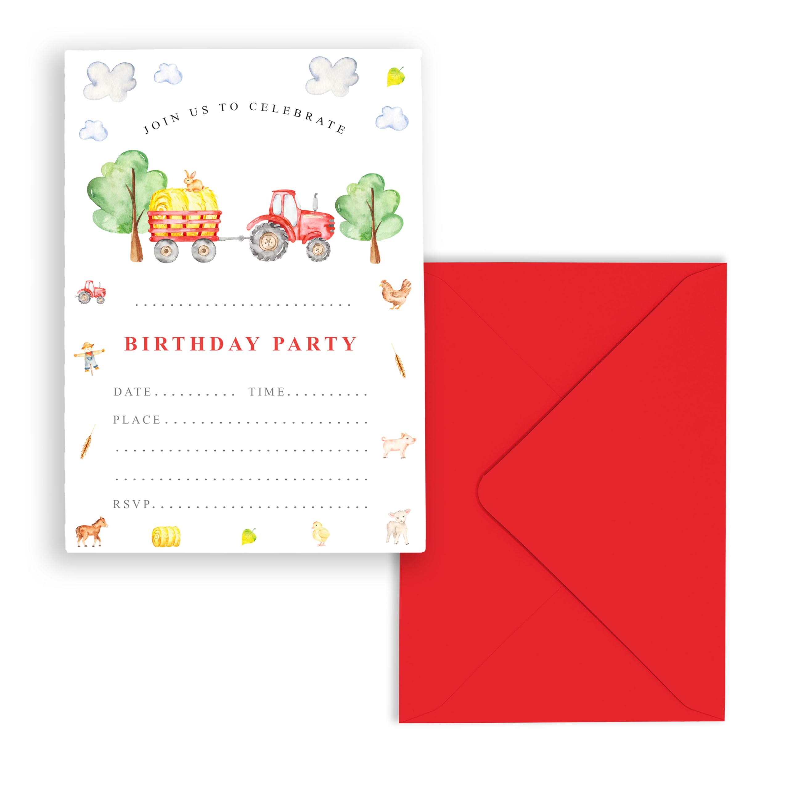 PRINTED INVITATIONS Green or Red Tractor Farm Boys Birthday Invitation Printed Card Birthday Invite School Party Invite Boys Birthday Invite (RED TRACTOR WITH ENVELOPES, Pack of 10)
