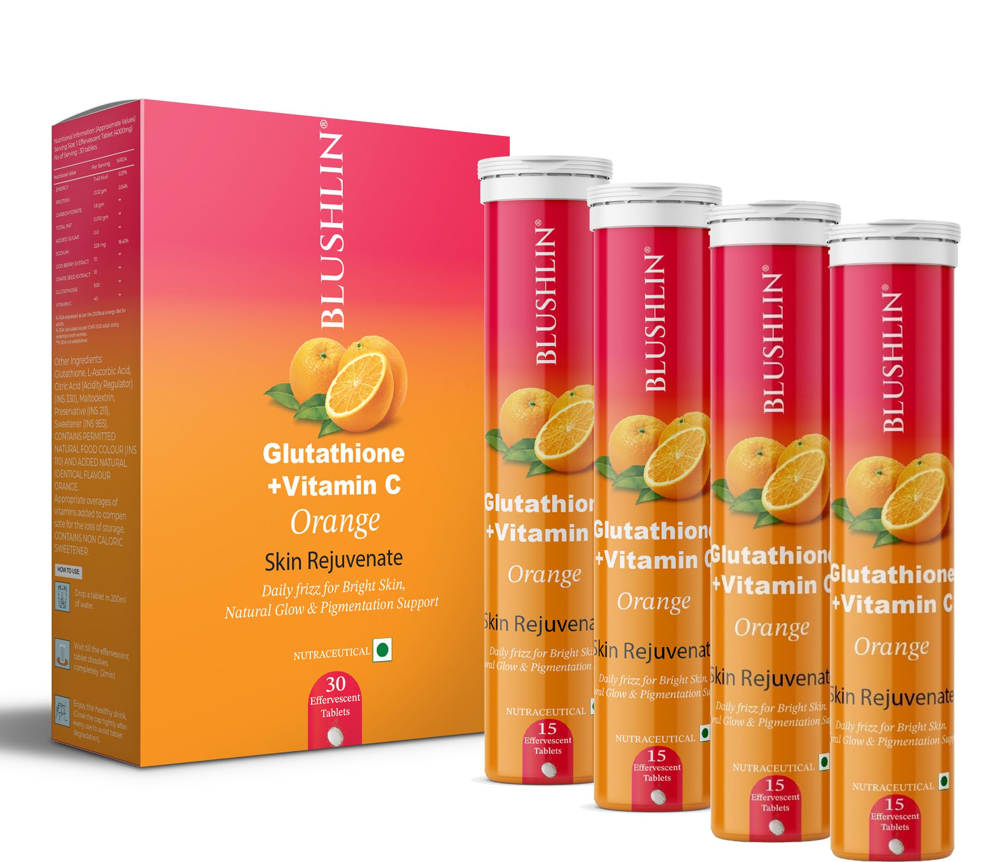BLUSHLIN Glutathione Tablets for Skin Glowing 500mg with Vitamin C | 30 Effervescent Tablets | Antioxidants for a Clear & Glowing Complexion for Women, Men | Sugar-Free, Gluta Glow (60 Count (Pack of 4), Orange)