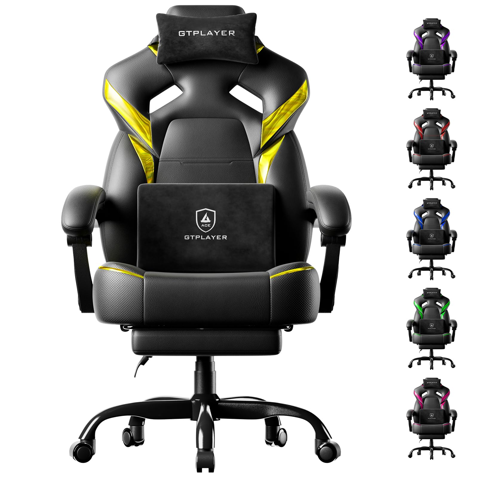 GTPLAYER Big and Tall Gaming Chair for Adults, Ergonomic Office Chair with Footrest, Heavy Duty 350 lbs Capacity, High Back, Premium Leather & Iridescent Trim, ACE-Armor, Yellow (Iridescent) — image 1