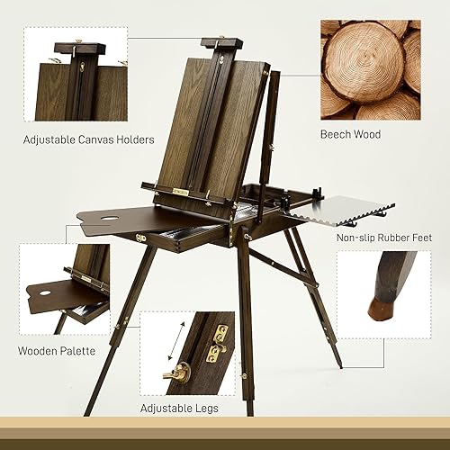 Miniatura 7 de ATWORTH Caballete francés para pintar, campo de madera de haya de lujo y caja de bocetos de estudio con bandeja lateral de metal, portátil y fácil