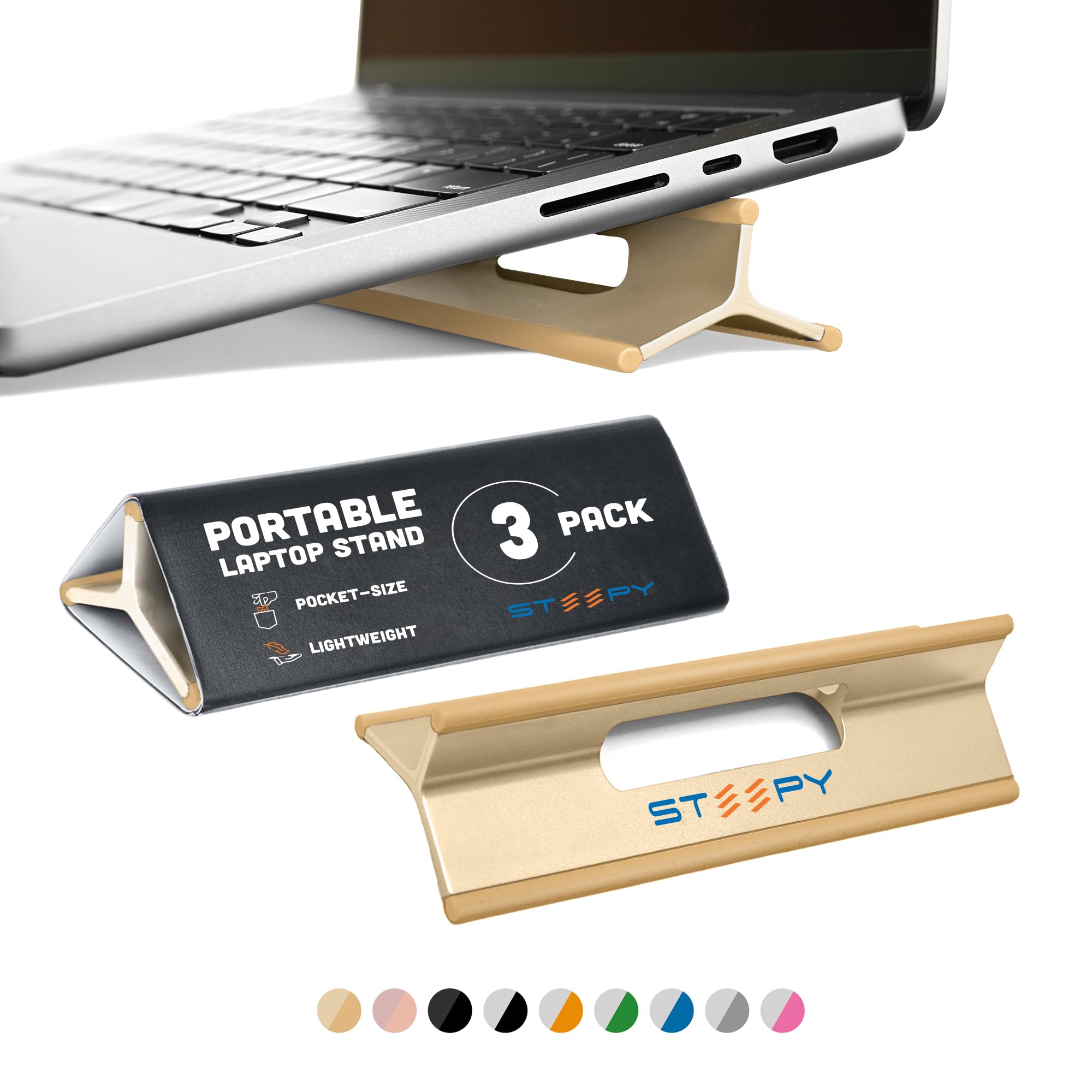 Steepy Supporto regolabile per computer portatile - Supporto per computer portatile a 3 altezze - Supporto da scrivania per laptop - Supporto portatile per laptop regolabile - Supporto per laptop per