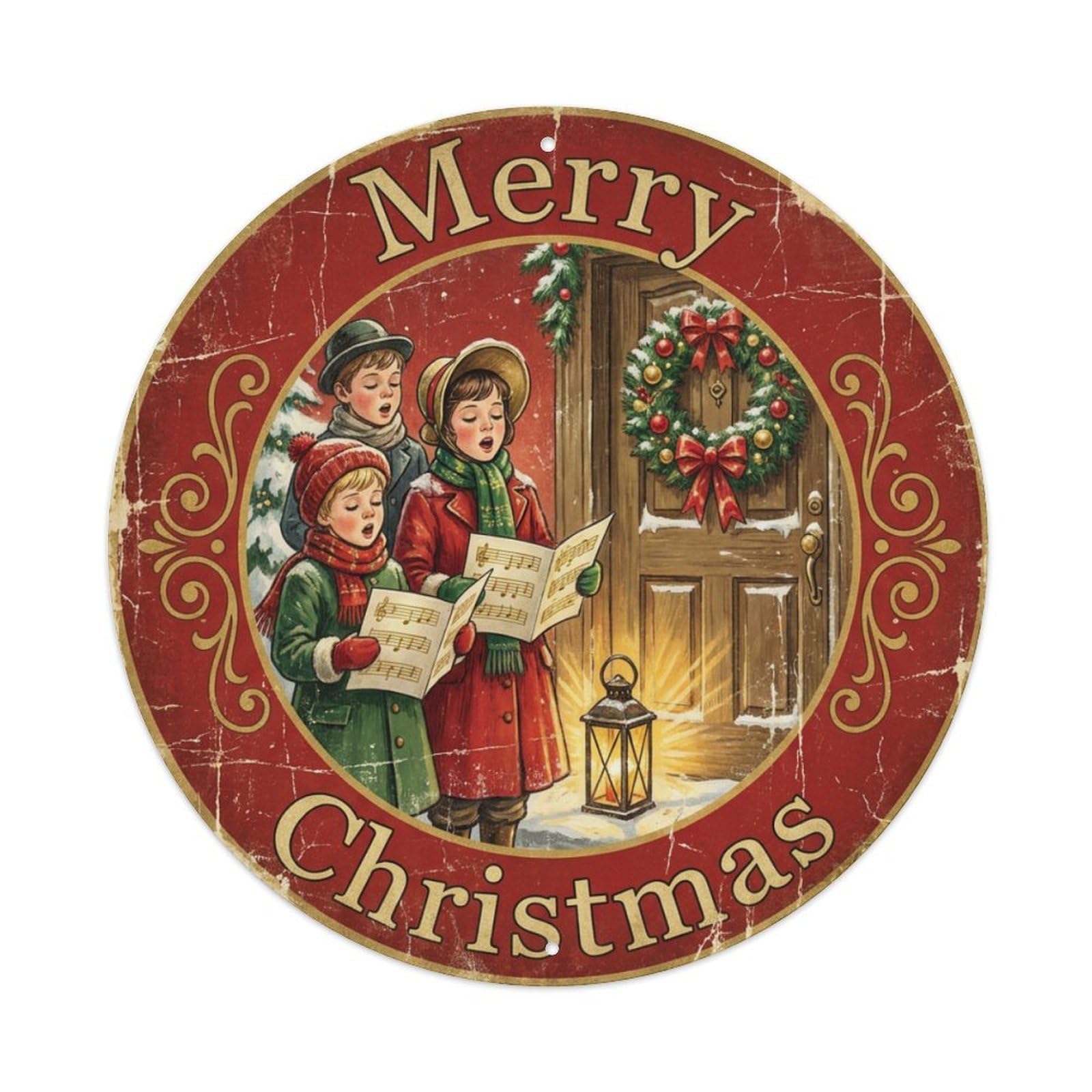 Merry Christmas Carolers Snowy Door Metal Tin Sign
