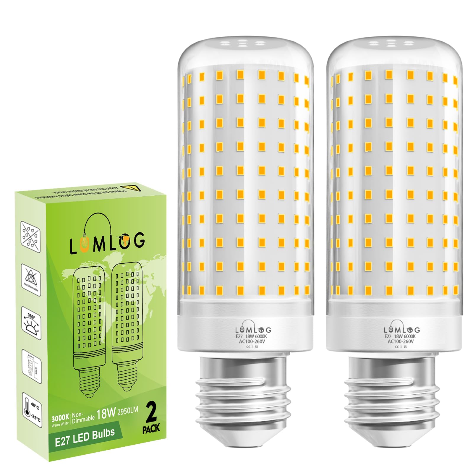 Lumlog E27 LED Corn Light Bulbs Warm White 3000K, 180W Incandescent Bulbs Equivalent, 2950LM Corn LED Bulb for Ceiling Lamp, Wall Lamp, Desk Lamp, Pack of 2