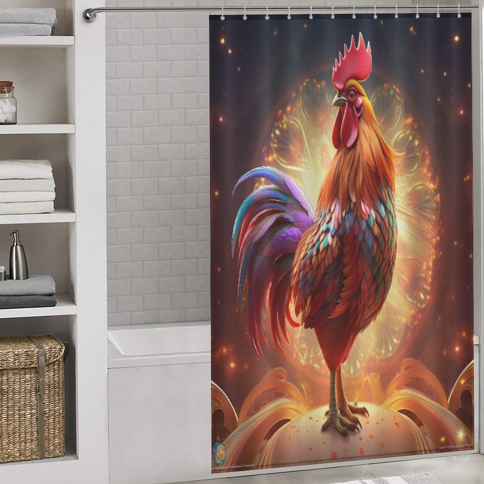 Rideau de douche coq en tissu polyester imperméable pour salle de bain 140x183cm
