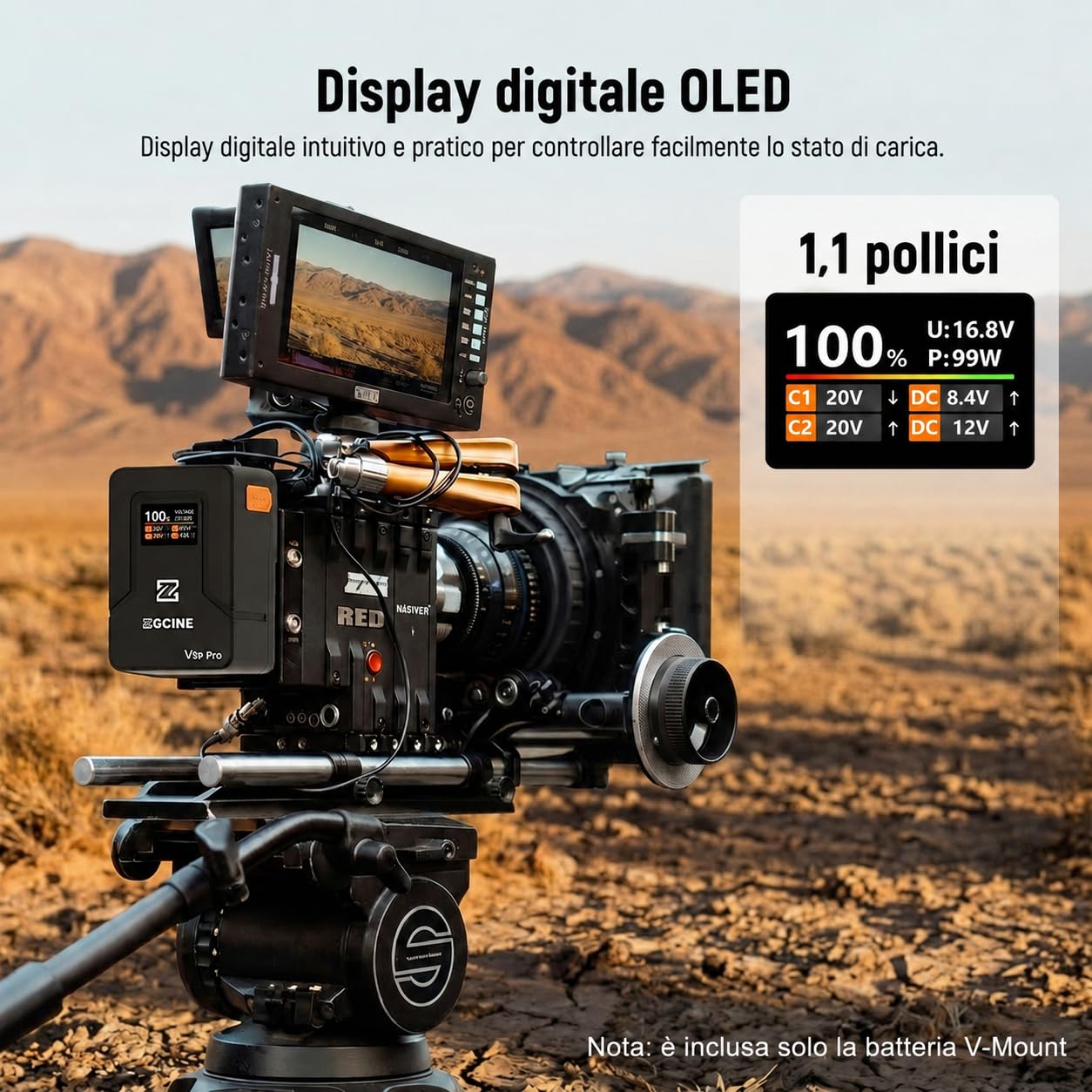 ZGCINE V Mount Battery V99 Pro,Batteria V-mount 94.72Wh 14.8V con Ricarica Rapida PD 100W,Dotata Porte D-Tap/2 USB-C/BP/2 DC e Schermo OLED,Compatibile con Camera, Camcorder,Phone,Monitor,Video Light