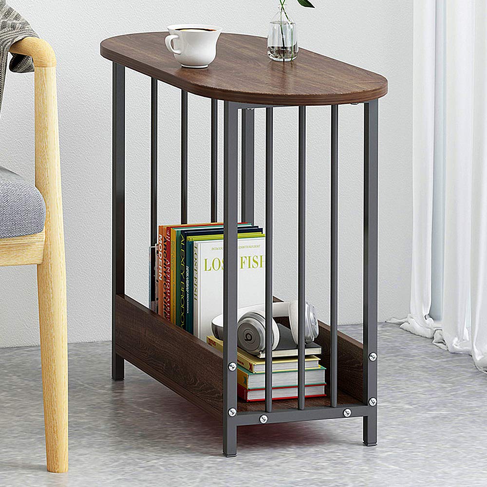 Menaka Small Sofa Table Side End Table Oval with 2 Tiers Storage Shelf, Little Corner Coffee Table Wood with Metal Frame Tea Table Bedroom Beside Table Nightstand (Oval Dark Walnut)