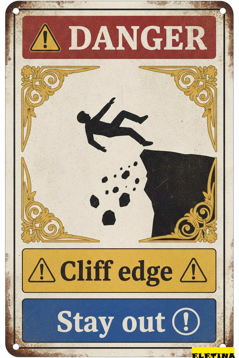 Tin Sign for Man Cave Danger Cliff Edgee - Stay Out Metal Tin E - 8x12 Inch - Safety, Warning, Notice, Quarry Private Property Decorative