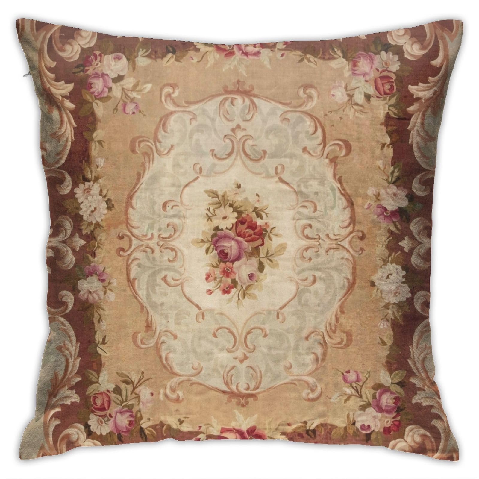 Antique Rose Floral French Aubusson Rug Print Throw Pillow Covers 18"X18" Cozy Velvet Square Throw Pillowcases Home Decor For Bed Couch Sofa Living Room Cushion Cover