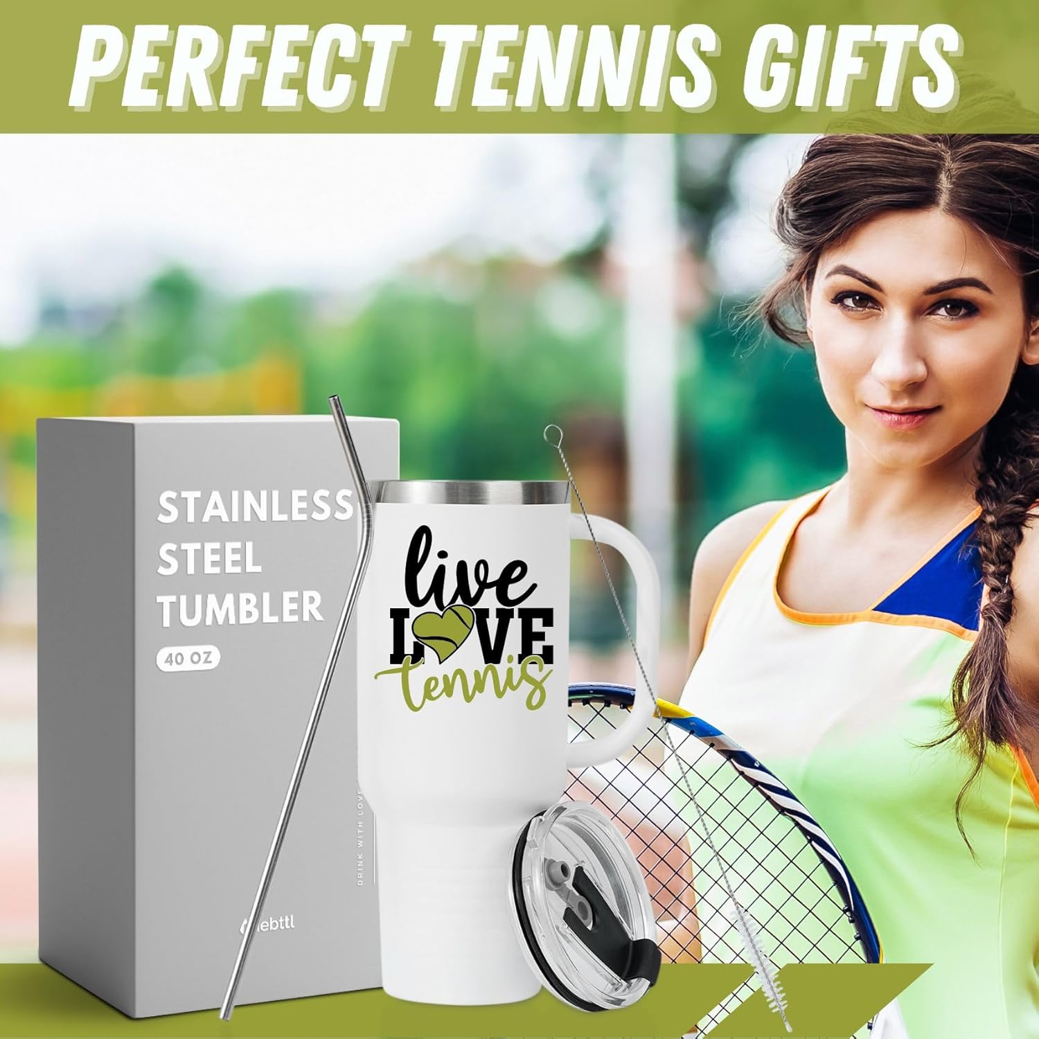 Onebttl Tennis Gifts for Women, Teen Girls, Coaches, Senior Night 2025, Insulated 40oz Stainless Steel Tumbler with Handle and Straw Lid - Live Love Tennis, White - Image 6