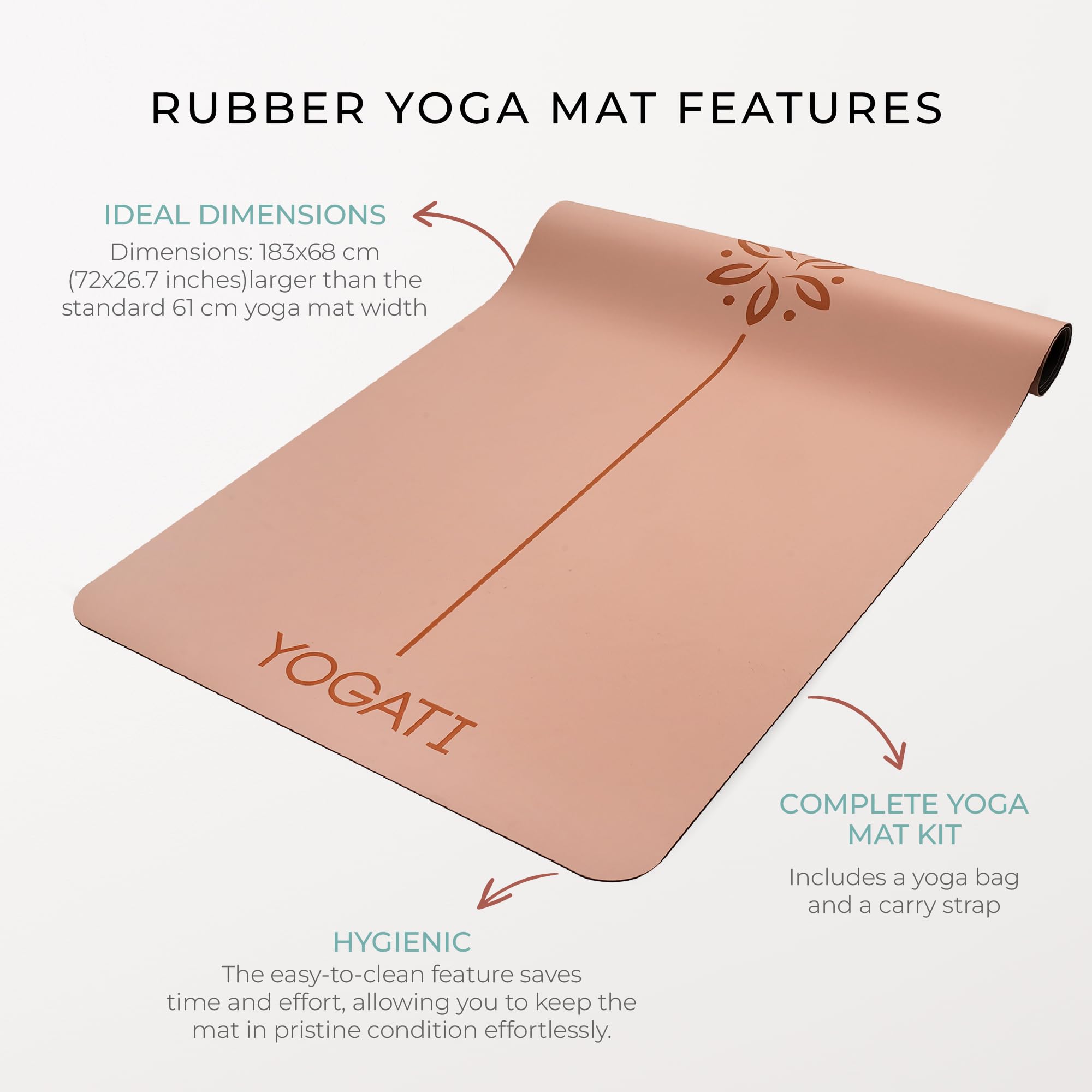 YOGATI® Tappetino Yoga Antiscivolo Per Donna | Tappetini in Gomma Per Pilates Con Linee Di Allineamento, Grande Tappetino Per Esercizi Con Borsa E Tracolla Per Palestra, Allenamento a Casa