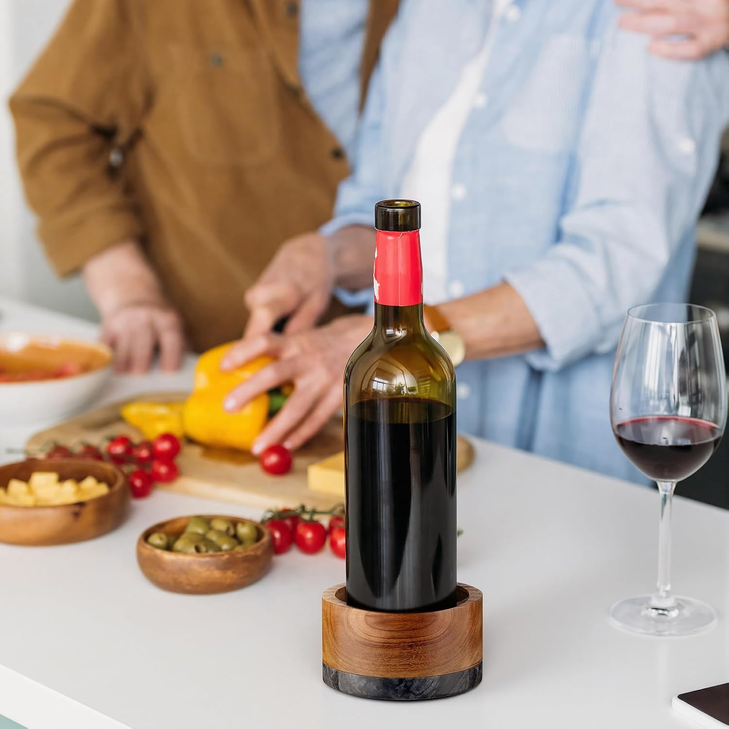 Baderke 2 Pcs Wood and Marble Wine Bottle Coaster Set, Wine Holder for Champagne Bottles and Any Occasion (Black Base)