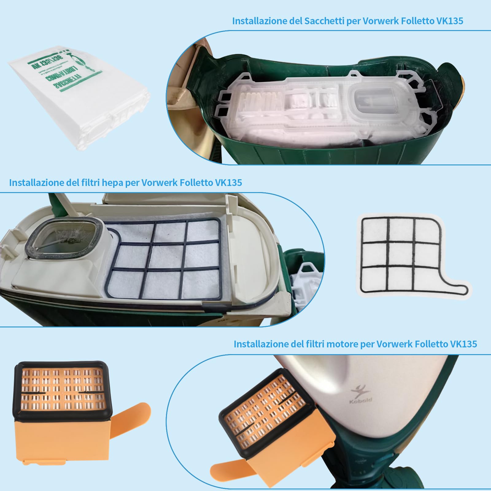 Kit Filtri HEPA/EPA + Filtro Motore + 6 Profumini Per Aspirapolvere Vorwerk Folletto Kobold VK 135 E 136