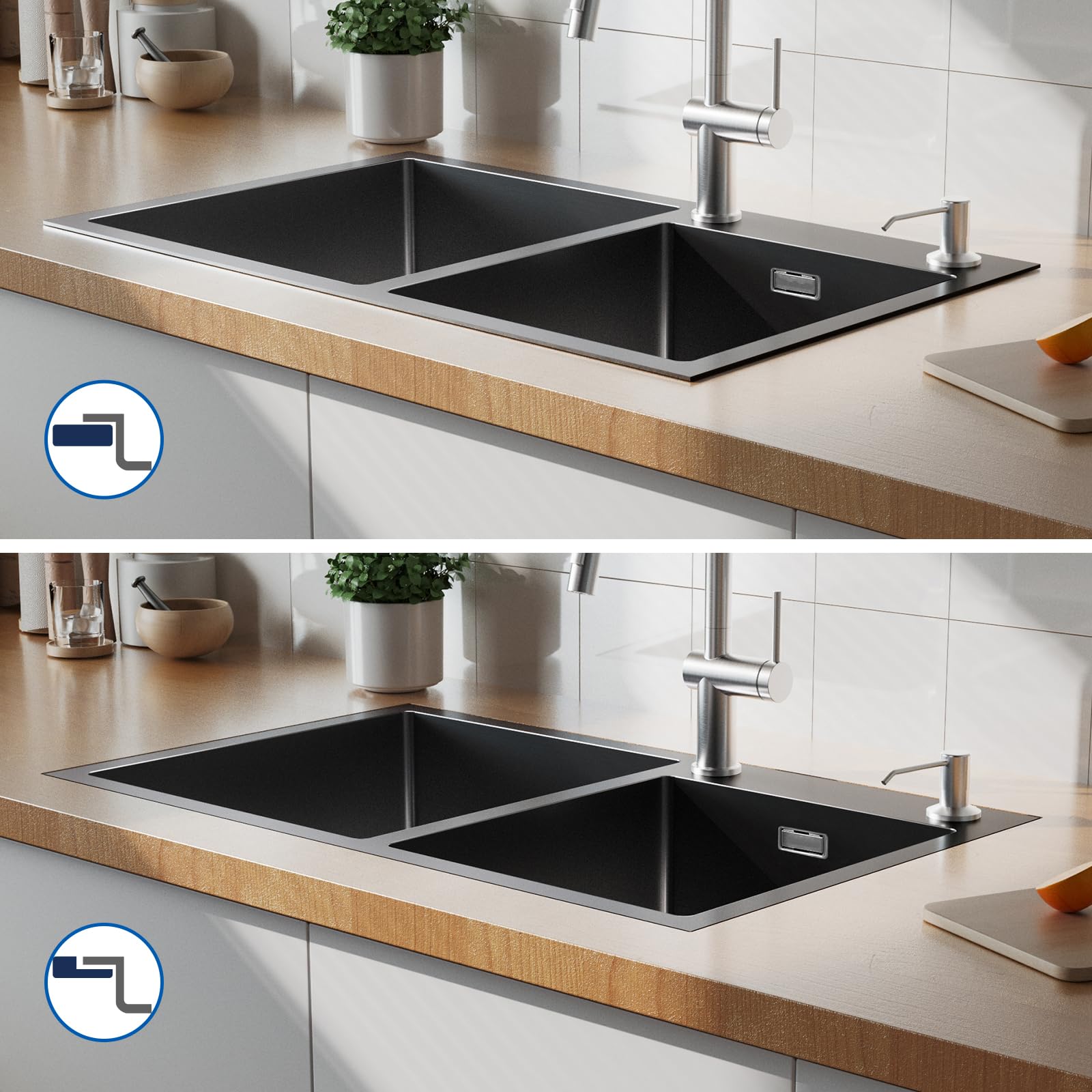 CECIPA Évier Cuisine 2 Bacs Inox 78 * 43 cm, Évier Inox Montage à Encastrer avec Distributeur de Savon, en Siphon et Trop-Plein, pour Caissons de 80 cm de Large Min