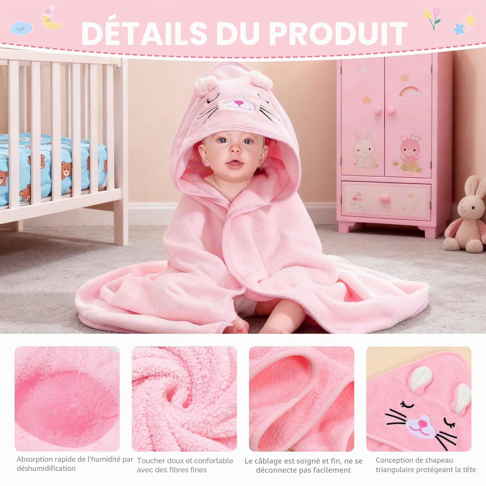 Lot de Serviettes de Bain à Capuche pour bébé - en Polaire Corail Moelleuse - Douce et Super absorbante - 80 x 80 cm - Serviette de Bain absorbante (3, Chat Rose avec cerf de Couleur café)