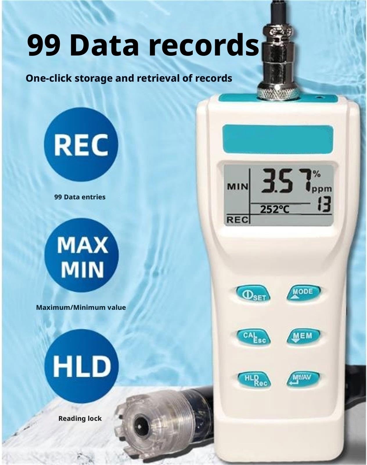 Détecteur portable d'oxygène dissous avec compensation de pression de 3,5 m