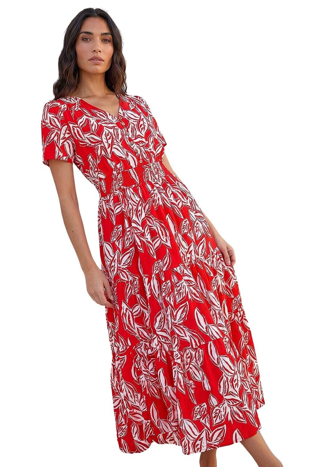 Roman Leaf Print Shirred Maxi Dress, Red, Size 20, Women