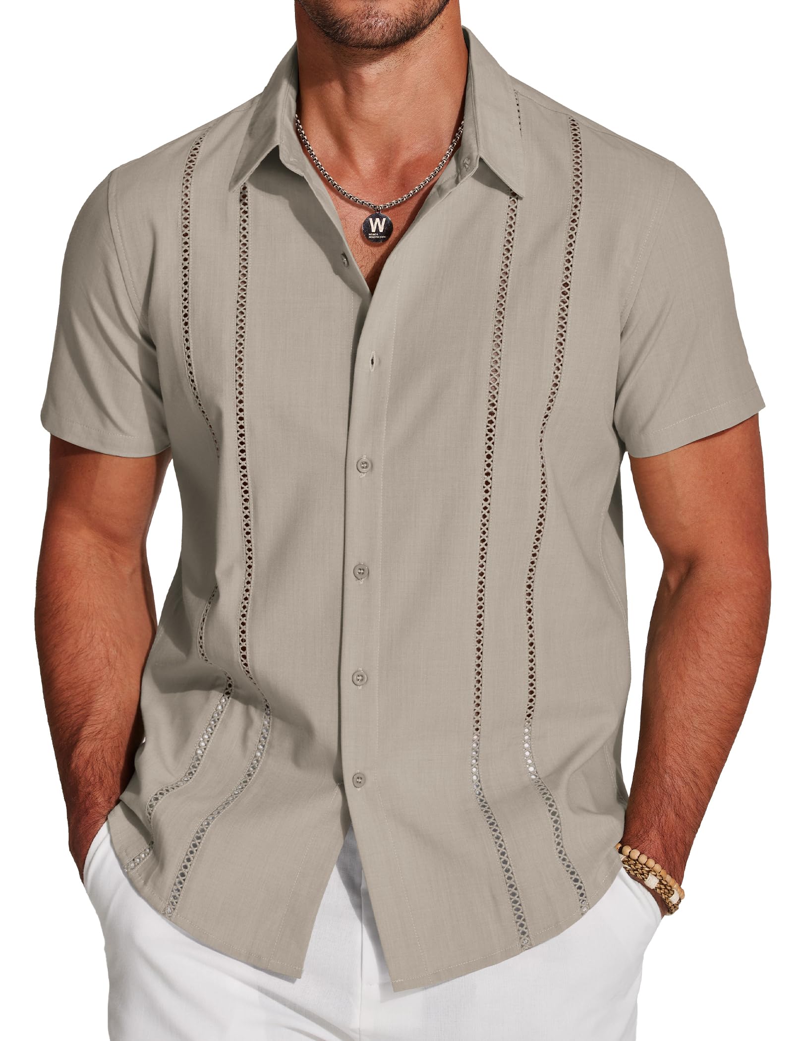 COOFANDY Men's Cuban Guayabera Shirt Short Sleeve Button Down Shirts Casual Summer Beach Linen Shirts Global Recycled Standard OEKO-TEX STANDARD 100 Global Recycled Standard Global Recycled Standard ISCC PLUS