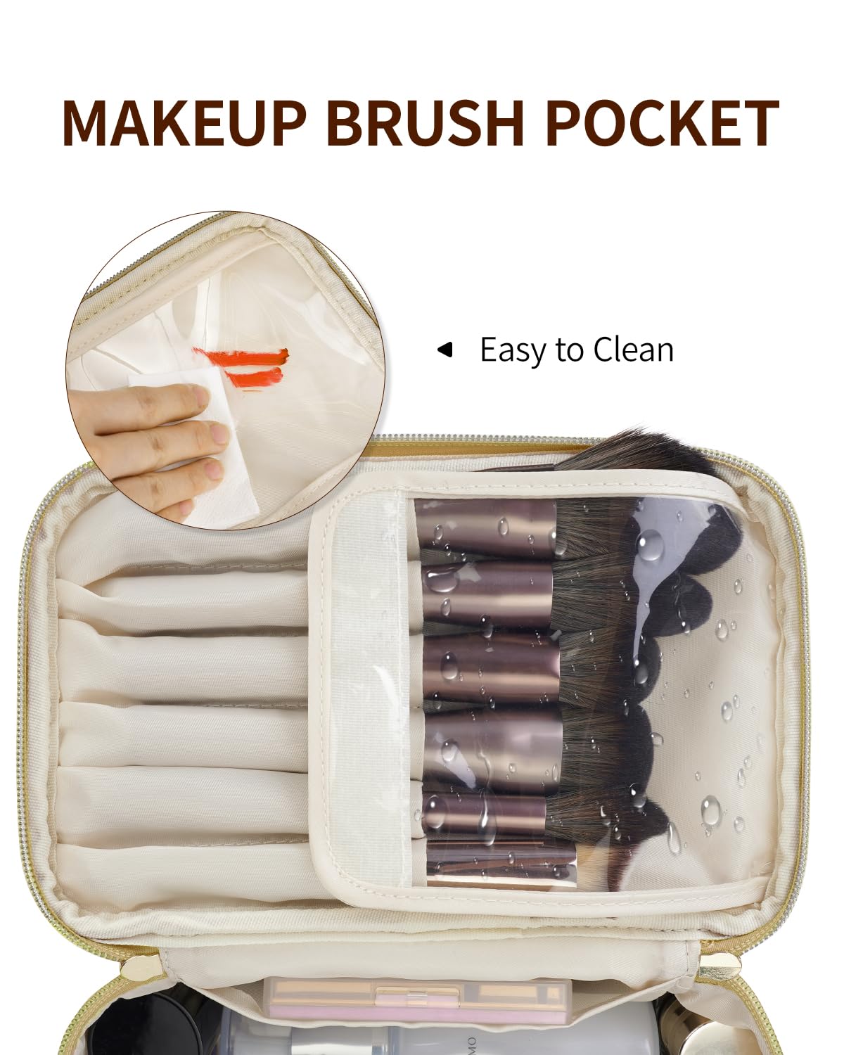 Travel Makeup Bag with Brush Compartment, Large Cosmetic Bags, Quilted Fabric Makeup Case with Handle - Image 2