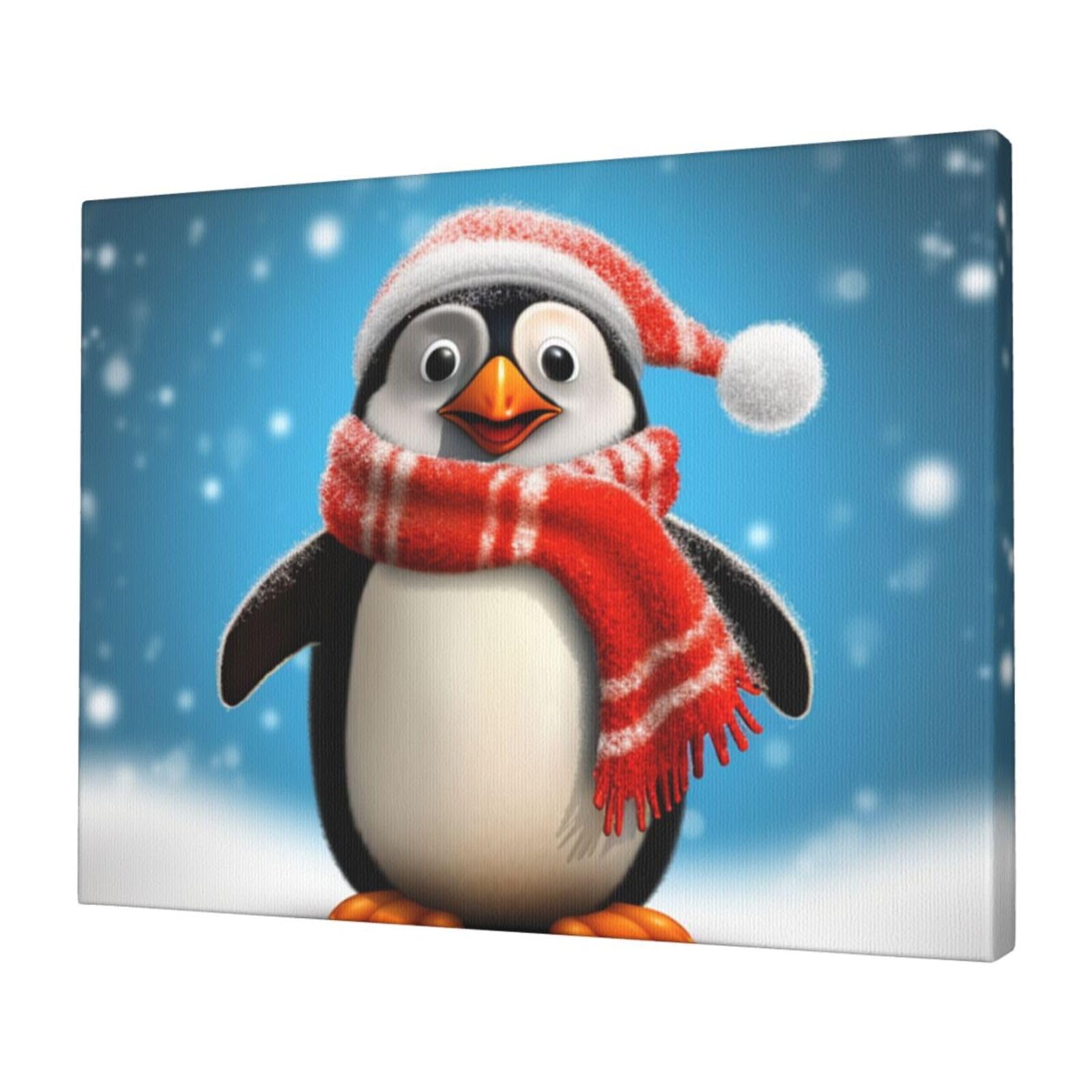 KLOPH Christmas Funny Penguin Canvas Wall Art for Living Room 12"x16" Modern Artwork Painting for Bathroom Hanging Canvas Prints Aesthetic Wallart for Bedroom Kitchen Office Wall Decor