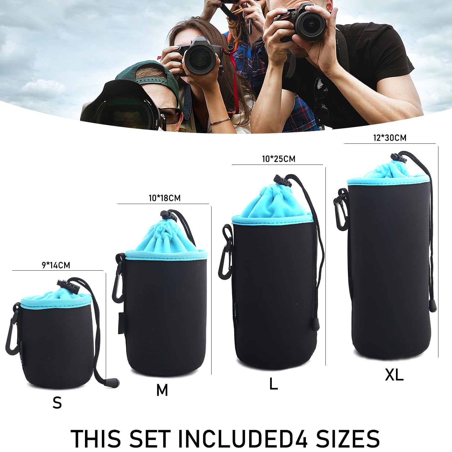 Sacchetti Lenti,4 Custodia per Obiettivo,Custodia Protettiva per Obiettivi In Neoprene,Con Coulisse Regolabile,Custodia Protettiva per Obiettivi e Accessori Della Fotocamera