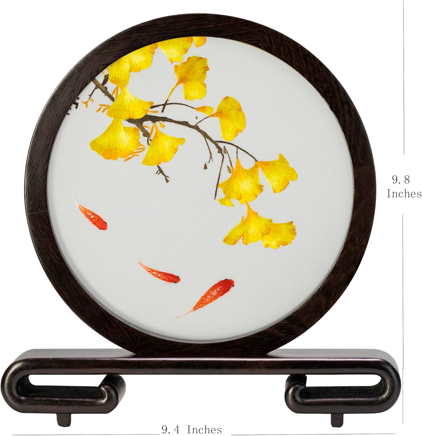 Ebherys Hand Embroidery Art, 8” Glass Round Screen for Desk Top, Handmade Needlework on Silk Mat with Solid Wood Frame, Two Sides with Same Gingko Fish Image for Home and Office Decor (Gingko)