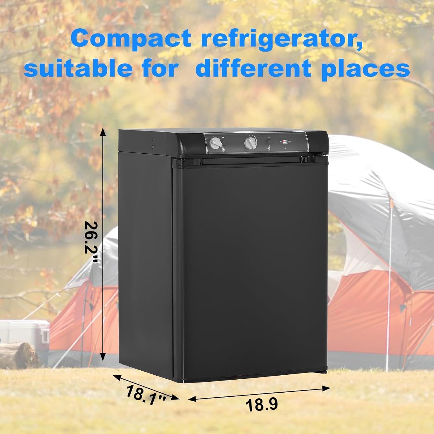 Compact refrigerator with dimensions 18.1 inches depth, 18.9 inches width, and 26.2 inches height, set against a campingの背景。