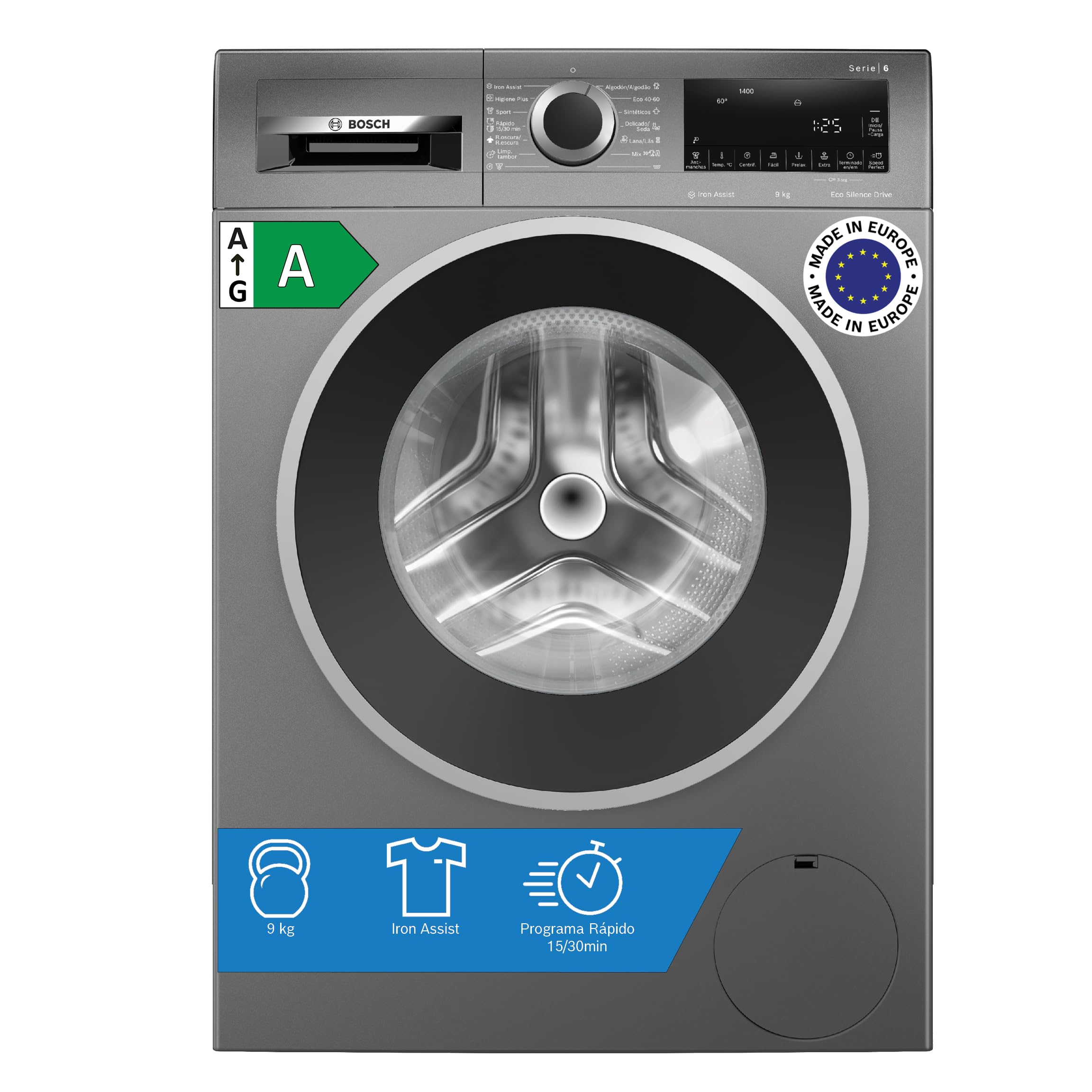 Bosch - Lavadora Libre Instalación, 9 kg, 1400 RPM, Serie 4, Motor EcoSilence, Iron Assist, Pausa+Carga, Acero, WGG244ZRES, Dosificación manual Etiqueta Energética