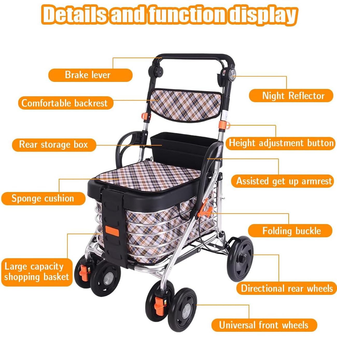 ICEMOB Carro De La Compra Y Andador con Asiento para Ancianos,Carrito Plegable para Supermercado De 4 Ruedas,Reposabrazos Ajustable En Tres Niveles,Caminadores Portátil,Aluminio