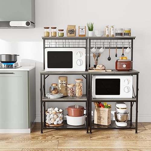 Miniatura 7 de Furologee Estante para hornear de cocina, soporte para microondas con almacenamiento de 4 niveles, estación de barra de café con 6 ganchos en S y