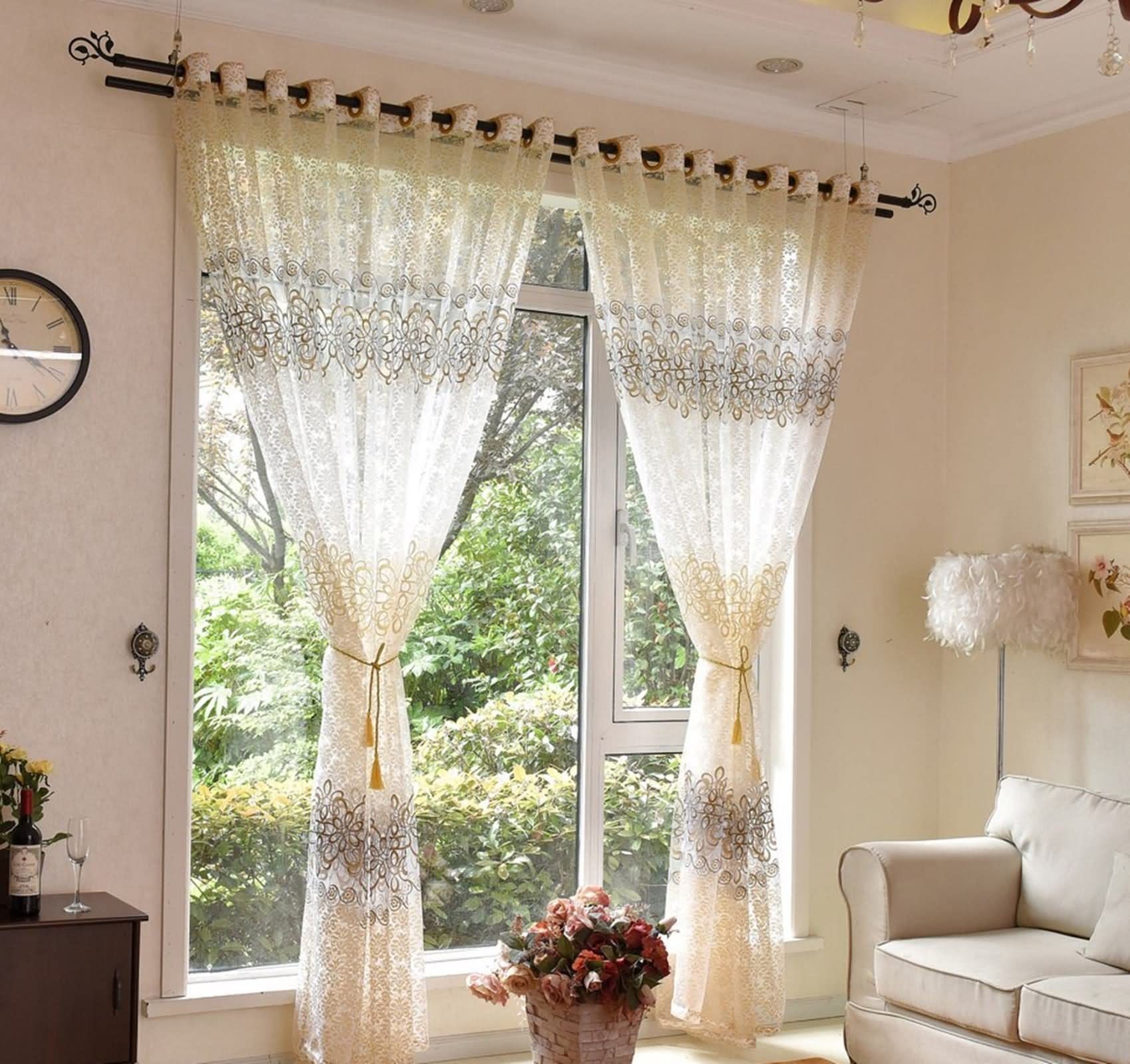 Vorhang Boho Style, Küchenvorhang Braun Transparente Blume Polyester 2 Stücke 107X214cm