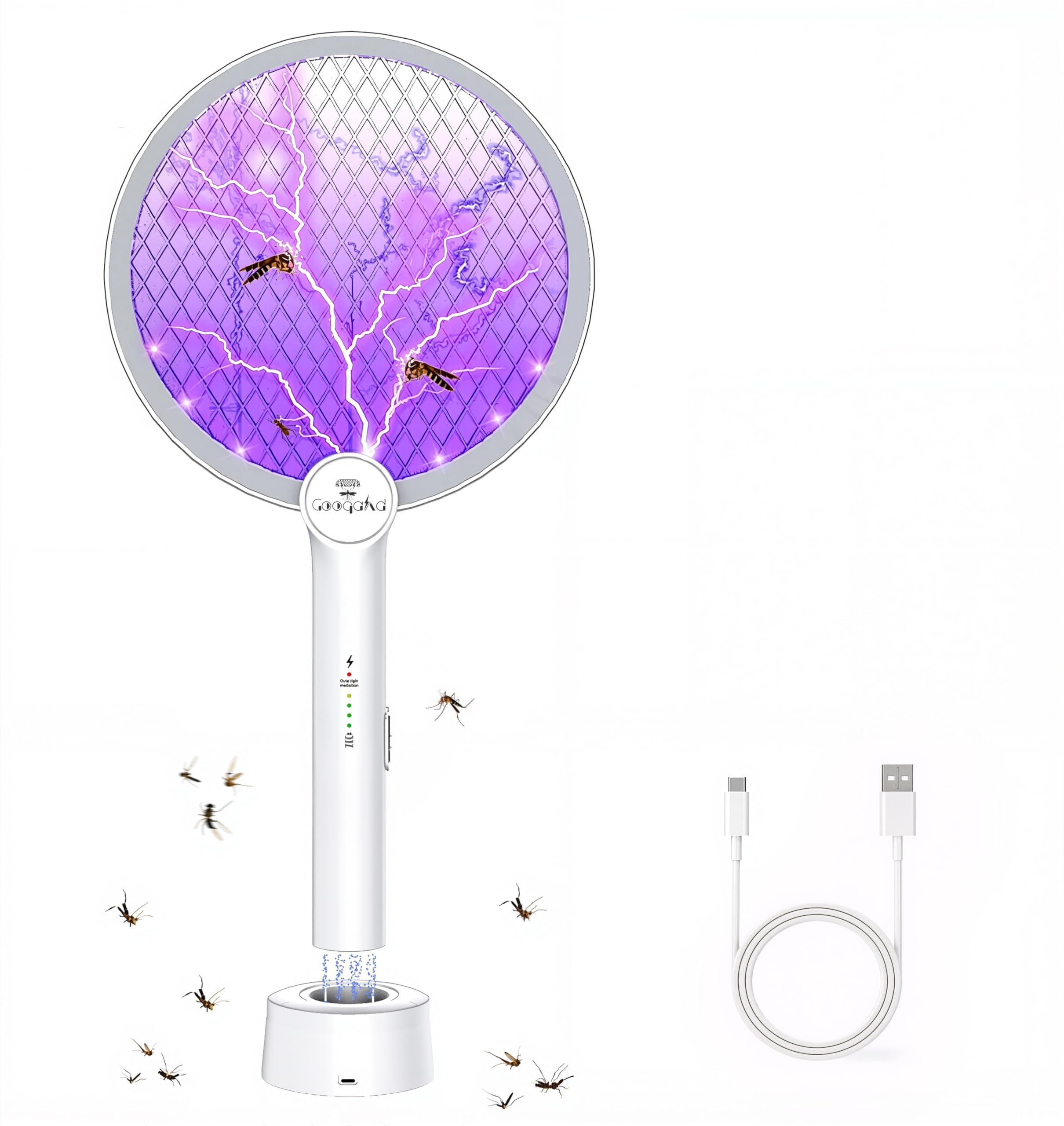 GOOQAND 1er Elektrische Fliegenklatsche 4000V, Fliegenklatsche Elektrisch Elektro Mückenklatsche, UV Elektrischer Insektenvernichter, Mücken Insektenfalle mit USB C Ladebasis Innen & Außen