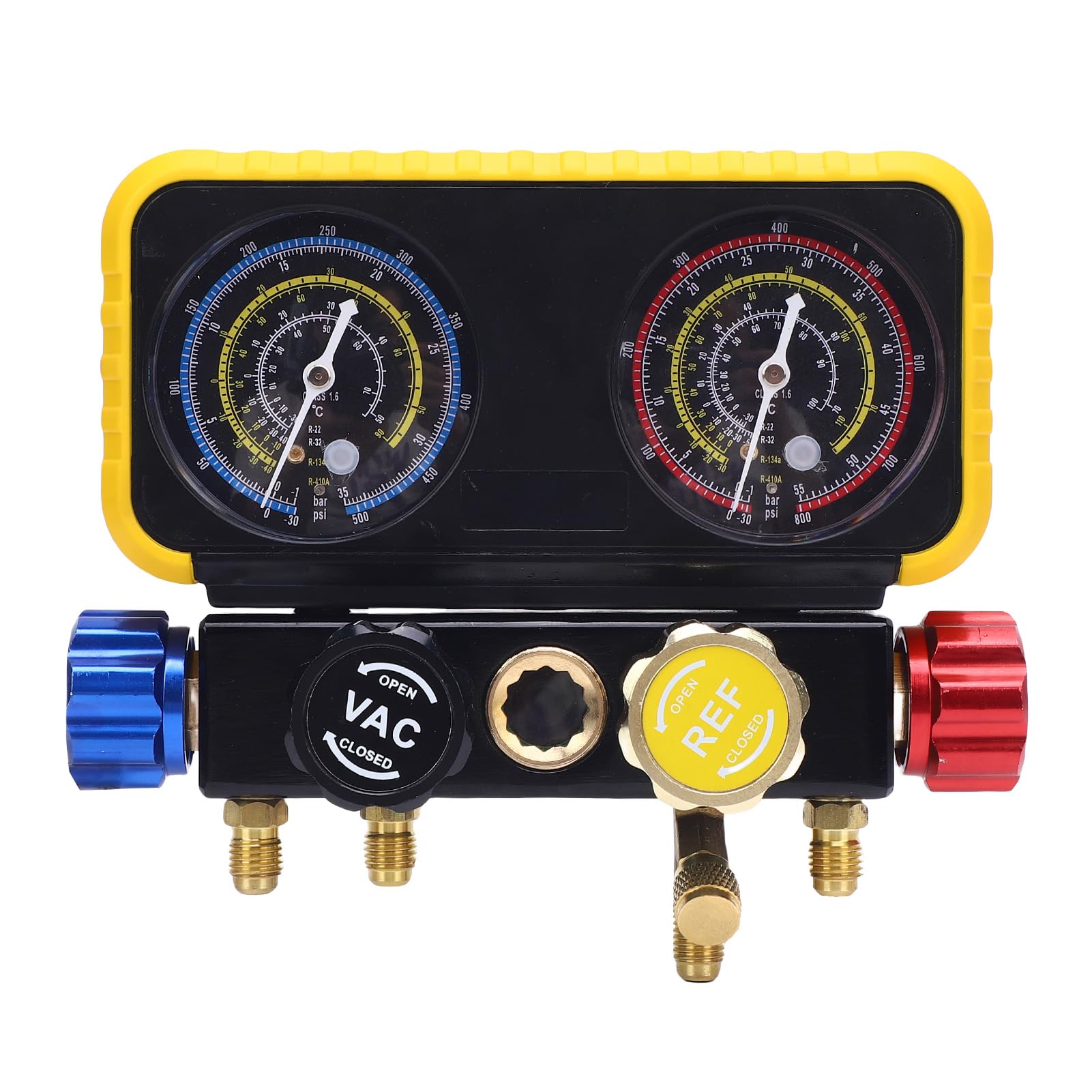 aqxreight Manomètres CVC avec Tuyaux Ensemble de Manomètres à 4 Voies pour Réfrigérants R410A R32 R134A R22 Comprend Un Débitmètre, des Soupapes de sécurité, des Adaptateurs, Un Outil de