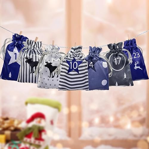 Miniatura 2 de HIPIHOM Bolsas de calendario de Adviento de Navidad, bolsas de satén de arpillera con cuenta regresiva de 24 días, calendario de Adviento colgante,