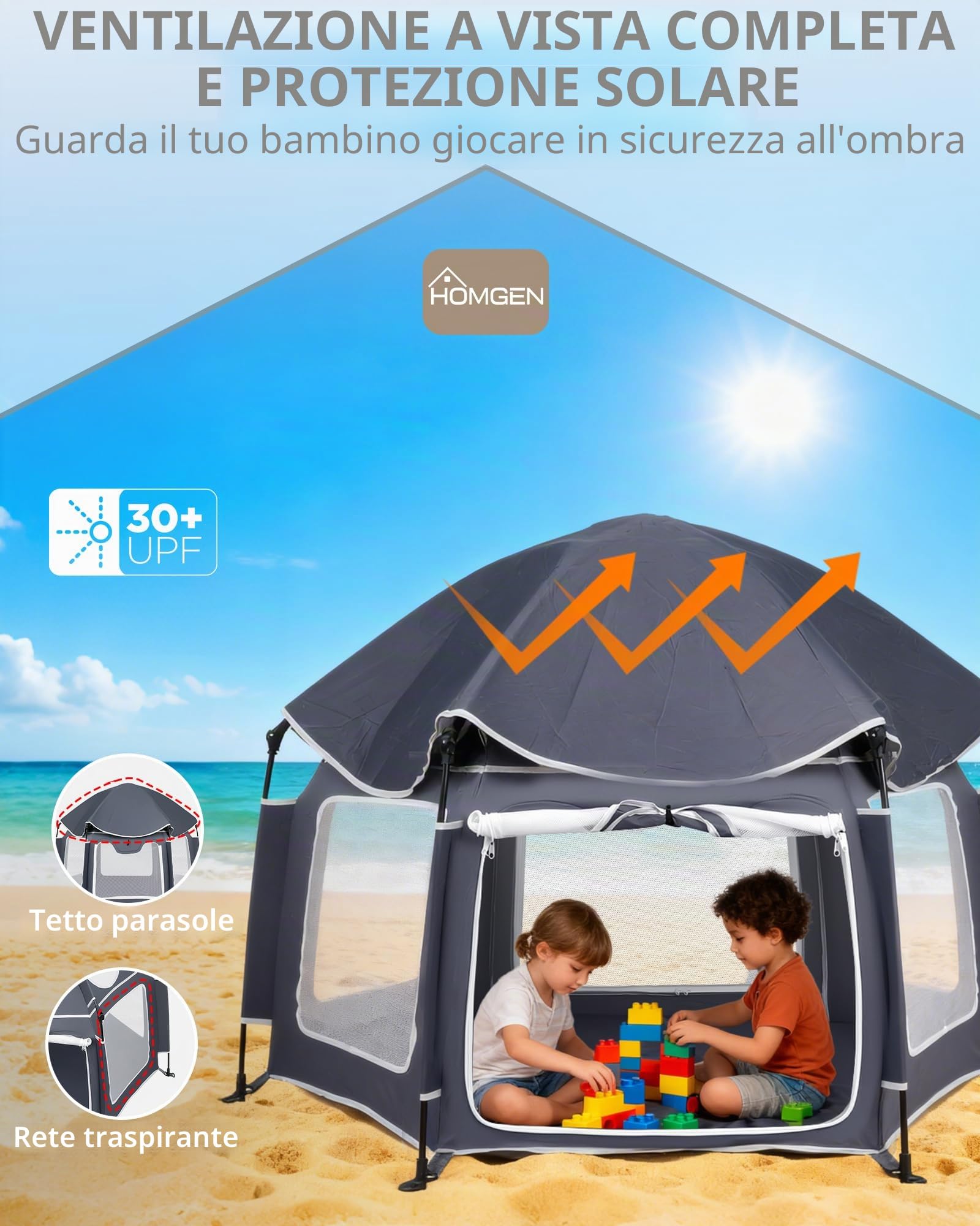 HOMGEN Box Pieghevole POP-UP 150x110 cm con Copertura UV Rimovibile in Tessuto Oxford 210D Box da Esterno per Bambini Portatile in Rete per Spiaggia, Parco e Casa