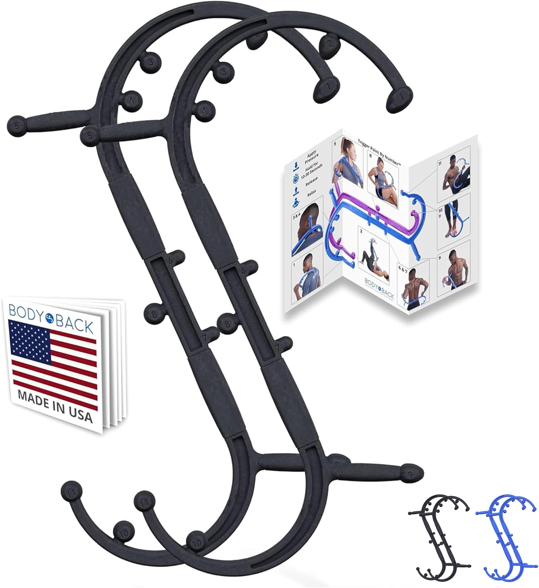 Body Back Buddy Elite Trigger Point Massage Tool, Neck and Back Massager Handheld, Manual Self Massager, Massage Cane, Muscle Knot Remover with Instructions, 2-Pack Bundle (Black)