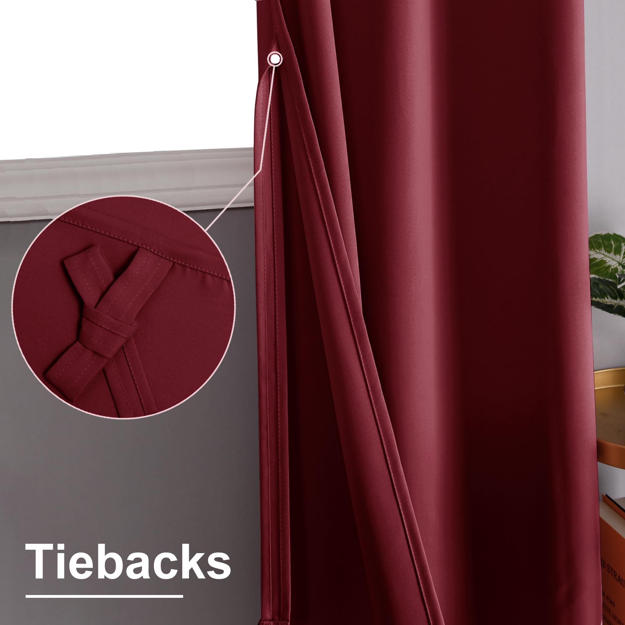 XWZO Blackout Curtains Shades Window Curtain Panels with Tiebacks- Noise Reduction and Thermal Insulated Eyelet Curtains for Bedroom,Living Room,Office,Study Room Burgundy W46xL54 - Image 3