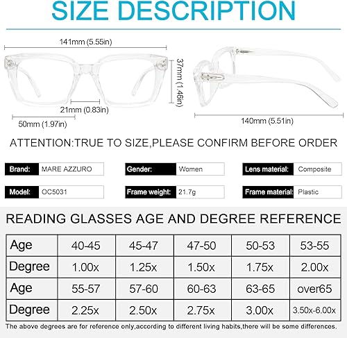 Miniatura 5 de MARE AZZURO 2 pares de anteojos de lectura 2.00 para mujer, elegantes lectores de gran tamaño 100, 150, 200, 250, 300, 350 (transparente, 2.0)
